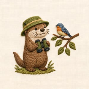 Op de afbeelding: Een borduurontwerp met een bruine otter die een groene vissershoed draagt en een groene verrekijker vasthoudt. Naast de otter zit een kleine blauwe en oranje vogel op een bruine tak met groene bladeren, alles op een crèmekleurige stof.