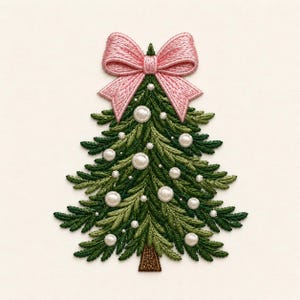 May include: An embroidered patch shaped like a Christmas tree with dark and light green thread creating needle textures. The tree is decorated with white circular beads and topped with a large, light pink embroidered bow with detailed stitching.