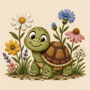Simpatico ricamo di una tartaruga neonata, tartaruga sorridente con fiori selvatici, schema per ricamo a macchina, file digitale di un animale del bosco.