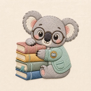 May include: An embroidered patch featuring a gray koala wearing round brown glasses and a light green cardigan. The koala is resting its arms on a stack of four books colored pink, yellow, sage green, and blue, with a small book icon on its sleeve.