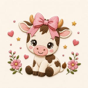 Diseño de bordado de vaca adorable, archivo de bordado de vaca bebé con lazo rosa, patrón de bordado a máquina de animales de granja, arte kawaii para guardería