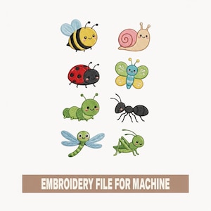 Può includere: Una collezione di otto disegni di insetti dei cartoni animati, tra cui un'ape, una lumaca, una coccinella, una farfalla, un bruco, una formica, una libellula e una cavalletta. Il testo "EMBROIDERY FILE FOR MACHINE" è incluso.