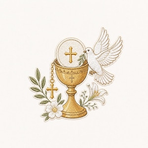 Può includere: Design religioso ricamato con un calice d'oro con una croce, una colomba bianca che tiene un ramo d'ulivo e un'ostia. Il design include fiori bianchi e foglie verdi, il tutto su uno sfondo color crema.