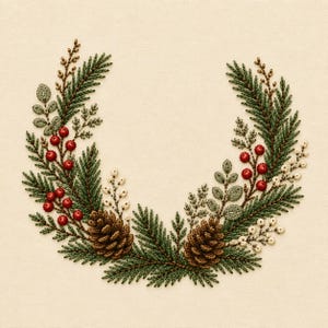 May include: An embroidery design featuring a crescent-shaped wreath of dark green pine needles, brown pinecones, clusters of bright red berries, and small white floral sprigs arranged on a solid light beige fabric background.