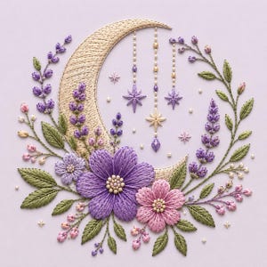May include: An embroidery piece featuring a crescent moon stitched in beige thread, surrounded by purple and pink flowers, green leaves, and lavender sprigs. Three dangling star ornaments in purple and gold thread hang from the moon, accented by small white beads.