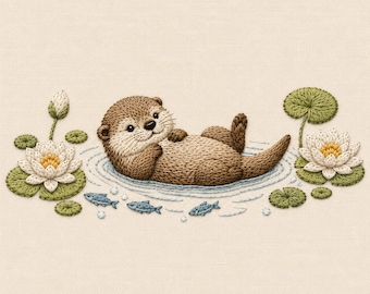 Cute Otter Embroidery Design, Floating River Otter Embroidery File, Water Lily Machine Embroidery Pattern, Woodland Animal Art