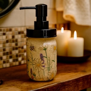 May include: A decorative soap dispenser with a black pump and lid. The glass jar is adorned with a floral design featuring daisies, lavender, and a bee. The dispenser sits on a wooden surface.