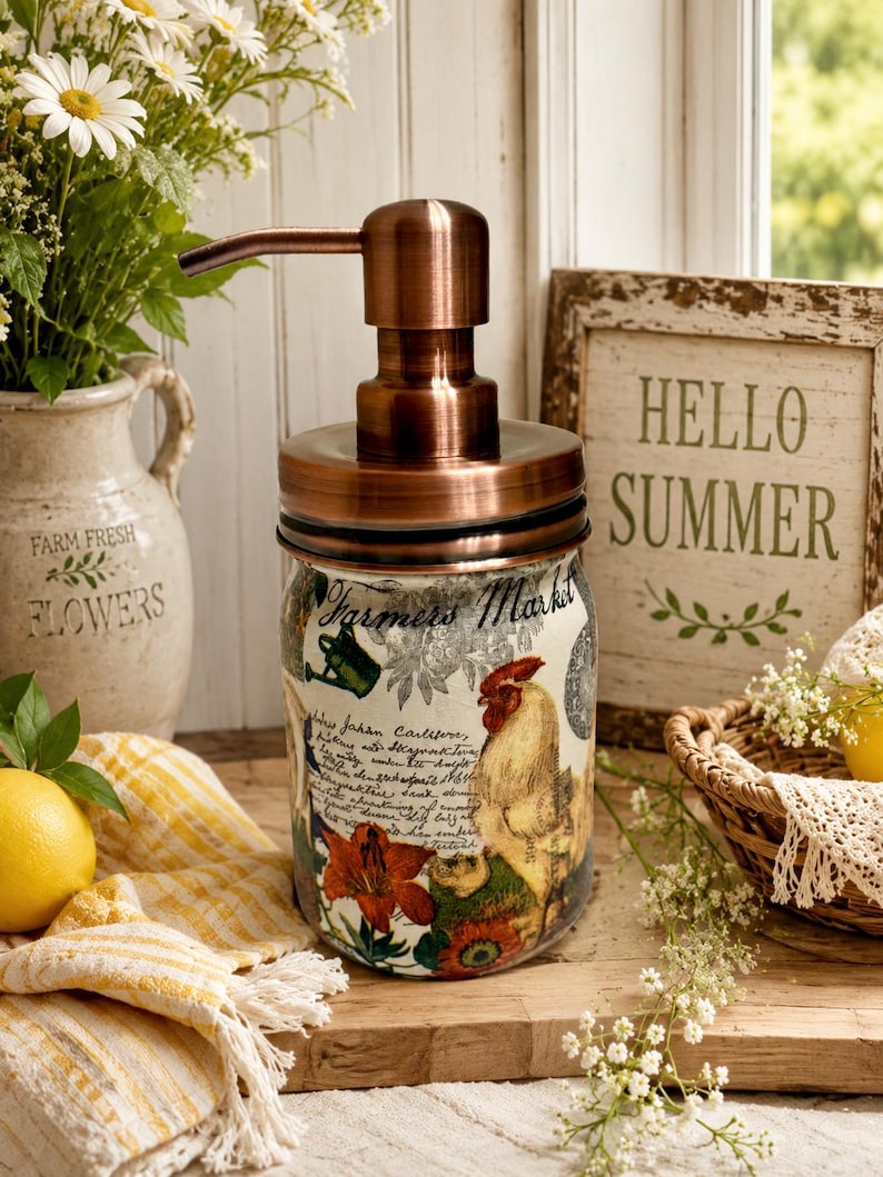 Vintage Rooster Decoupage Dispenser – Soap, Lotion, or Sanitizer Jar image 1