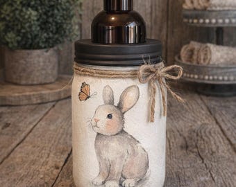Spring Bunny Soap Dispenser  • Hand Painted Easter Bathroom Decor • Rustic Farmhouse Pump Bottle