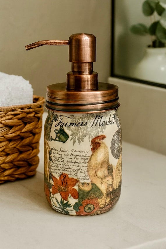 Vintage Rooster Decoupage Dispenser – Soap, Lotion, or Sanitizer Jar