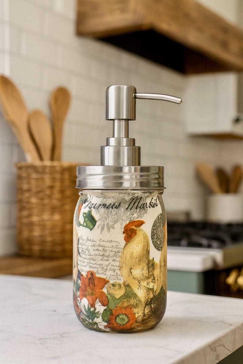 May include: A glass soap dispenser featuring a brushed metal pump and a screw-top lid. The jar is decorated with a colorful rooster illustration, orange flowers, and the text Farmers Market written in a cursive script over handwritten style notes.