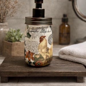 May include: A glass soap dispenser featuring a dark bronze pump and lid. The jar is decorated with a vintage-style graphic print including a rooster, floral elements, and the text Farmers Market in a cursive script, along with various botanical illustrations.