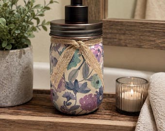 Decoupaged Floral Mason Jar Soap Dispenser | Farmhouse Bathroom Decor (16 oz)