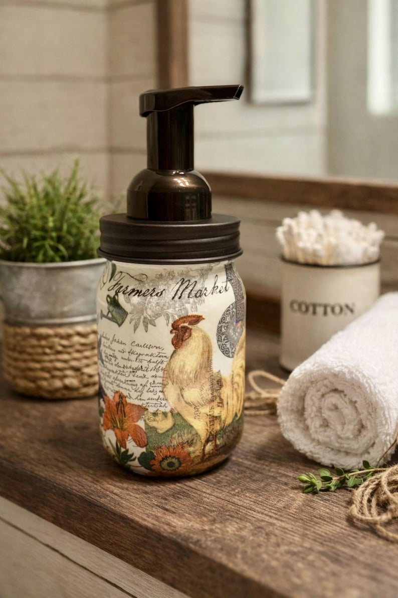 May include: A glass soap dispenser with a dark brown pump and lid. The jar features a decorative print with the text Farmers Market, a rooster illustration, floral motifs, and cursive script text in shades of orange, yellow, and green.