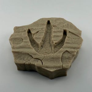May include: A tan-colored, three-toed dinosaur footprint fossil replica. The fossil is embedded in a rock-like formation with a textured surface and visible cracks. The footprint is approximately 6 inches long.