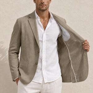 Puede incluir: Un blazer marrón claro con cierre de dos botones y solapa de muesca, usado sobre una camisa blanca abotonada. El blazer presenta una tela texturizada, dos bolsillos delanteros de parche y un forro a rayas blancas y azules parcialmente visible.