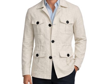 Men's 100% Linen Safari Jacket – Utility Field Coat, Breathable Travel Blazer