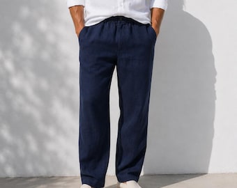 Men's 100% Linen Pants – Relaxed Fit Drawstring Summer Trousers