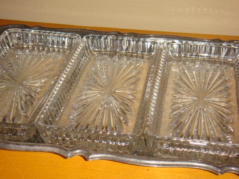 Vintage Silver Serving Relish Tray With Glass Inserts / Antique Wedding