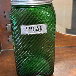 Vintage Green Glass Owens of Illinois Hoosier Jar Container SUGAR