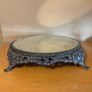 Vintage Mirror Tray Victorian Pedestal Footed Vanity Dresser Round Ornate