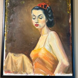 Vintage 1940s Original Oil Painting Portrait Beautiful Woman 1947 Framed Wall Hanging