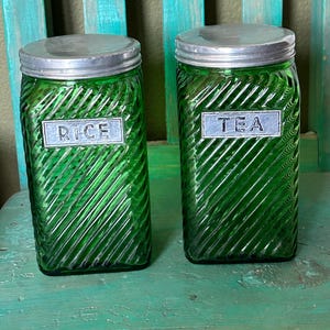 Vintage Green Glass Canisters Owens of Illinois Hoosier Rice and Tea Side Swirl Jar