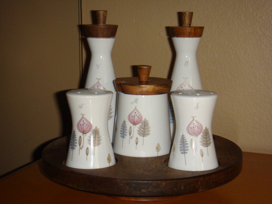 Mid Century Condiment Set on Lazy Susan Japan Wood Porcelain Etsy