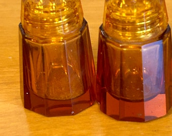 Vintage Tiny Amber Color Glass Salt + Pepper Shakers