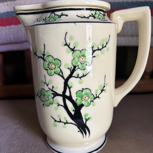 Vintage Moriyama Pitcher with Lid Japan Dogwood Cherry Blossom Pattern 8&quot; Tall