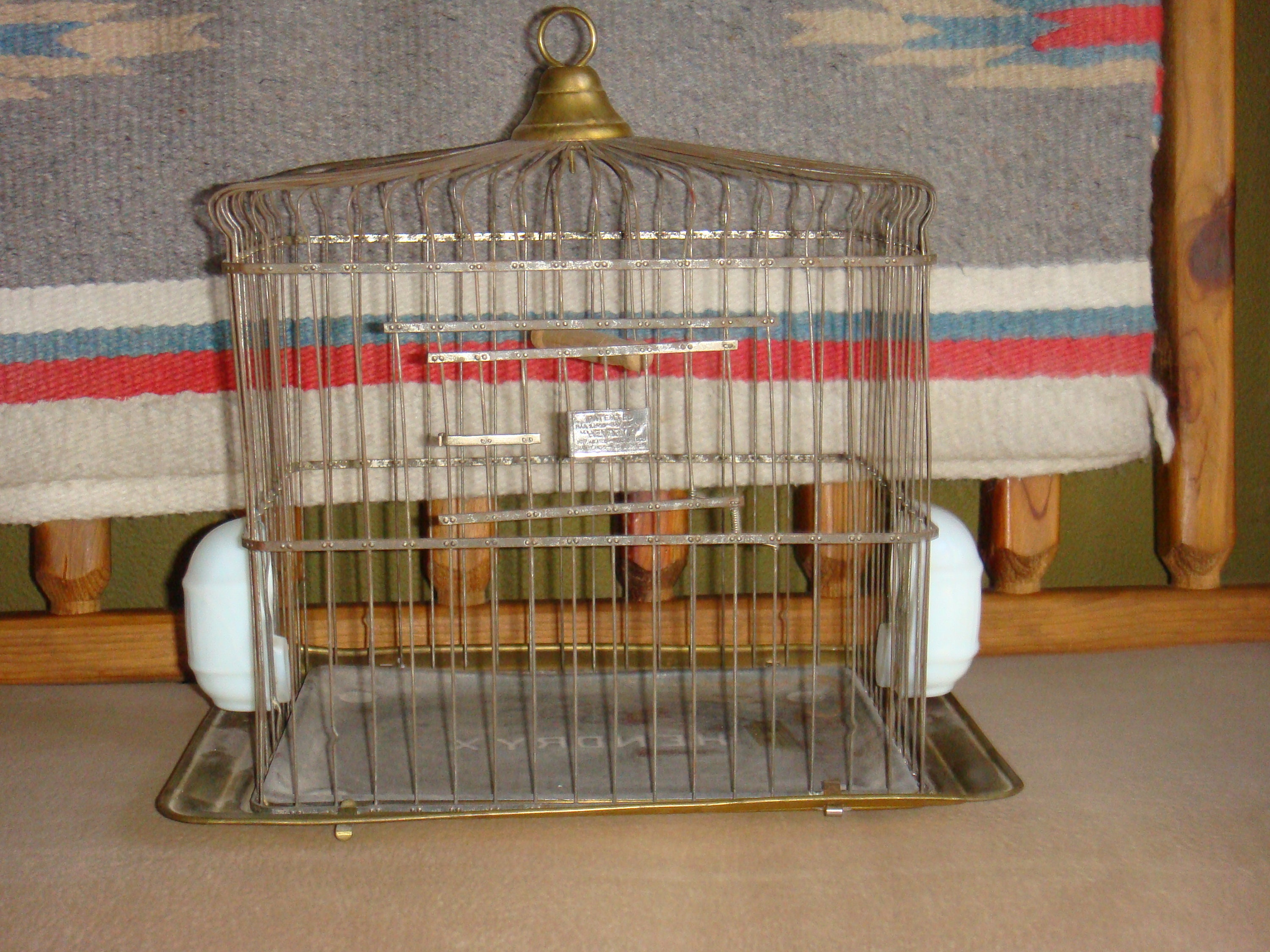 Antique Hendryx Brass Bird Cage Milk Glass Feeders -  Canada