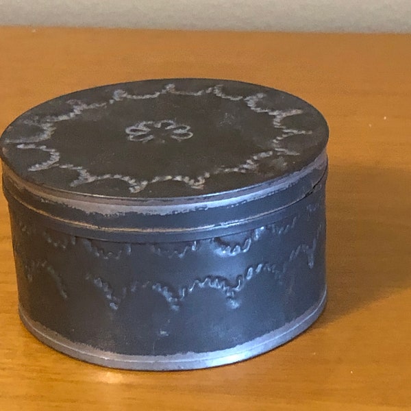 Vintage Tin Metal Round Box Canister Stamped Designs
