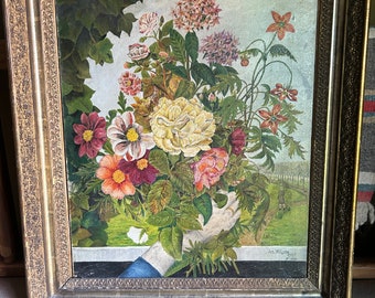 Antique Painting Oil on Canvas Botanical Bouquet Jan Witjens Floral Dutch Listed Artist 1884-1962