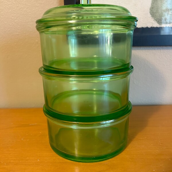 Vintage Green Uranium Glass Round Stacking Refrigerator Containers w/Lid c1930s Hazel Atlas