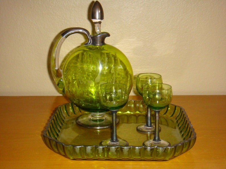 Antique 5 Pc Green Etched Cut Glass Decanter Set Sterling Silver Tray