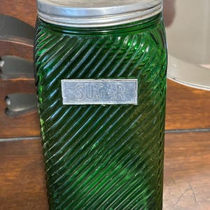 Vintage Green Glass Owens of Illinois Jar Container with Lid Hoosier Swirl Design SUGAR