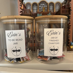 May include: Two clear glass jars with bamboo lids, labelled "Erin's To Be Read Jar" and "Erin's Jar of Finished Chapters." Each jar contains small, colourful book-shaped items. The labels feature a dragon and moon design.