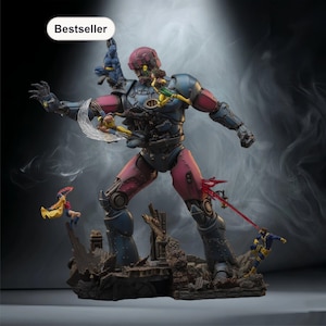 Puede incluir: Figura de acción detallada de un gran Centinela robótico luchando contra varios personajes de X-Men. El Centinela es principalmente azul y rojo, con la palabra "Bestseller" en un óvalo blanco. Las figuras de X-Men están en varias poses de acción.