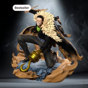 Op de afbeelding: Gedetailleerd beeldje van een personage in een dynamische pose, gekleed in een zwart pak, een bontkraag en een gouden haakhand. Het beeldje staat op een getextureerde basis met een "Bestseller" label. Het personage heeft een sigaret in de mond.