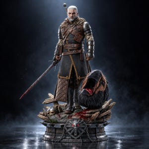 May include: A detailed collectible statue of a white-haired warrior in chainmail and leather armor, holding a blood-stained sword. The figure stands on a base featuring a severed monster head, a helmet, and a wolf medallion with glowing red eyes.