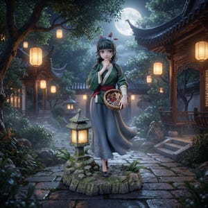 May include: A figurine of a person with dark hair styled in a bun, wearing a green wrap-style top with white trim, a red sash, and a long grey skirt. The figure holds a woven basket filled with various items and stands on a stone base with a lantern.