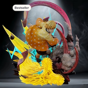 Op de afbeelding: Gedetailleerde animefiguur van een personage in een dynamische pose, met een geel en oranje outfit met witte driehoekpatronen. De figuur is omgeven door levendige gele en blauwe energie-effecten, met een rode en paarse gebogen structuur erachter. Het woord "Bestseller" staat in een witte doos.
