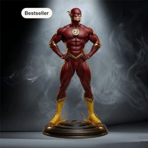 May include: A detailed figurine of The Flash superhero in a dynamic pose, with a red and gold costume. The figure stands on a circular base with a lightning bolt emblem. The word "Bestseller" is in a white box in the upper left corner.