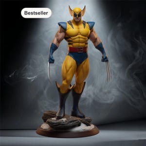 May include: A Wolverine action figure in a dynamic pose, wearing a yellow and blue costume with claws extended. The figure stands on a base of rocks and wood, with a "Bestseller" label in the corner. The figure has a red belt and black boots.