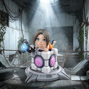 May include: A stylized figurine of a character with brown hair and blue eyes resting on a white weighted companion cube. The cube features pink heart icons on its sides. The character holds a black mechanical device emitting a bright blue light.