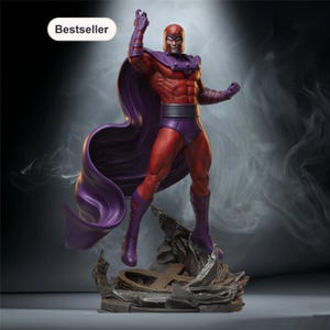 Puede incluir: Figura detallada de Magneto, un personaje de Marvel Comics, en una pose dinámica. La figura es predominantemente roja y morada, con una capa fluida. La base presenta un símbolo 'X' estilizado. La palabra "Bestseller" está en un óvalo blanco.
