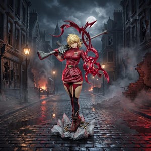 May include: A detailed anime-style figurine of a blonde character in a red military-inspired jacket and skirt, holding a large rifle over their shoulder. The figure stands on a rocky base with scattered shell casings, surrounded by swirling red energy.