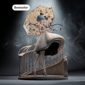 May include: A detailed figurine of a woman in a white dress, holding a patterned umbrella. The figure has blue hair and is standing on a stone staircase. The figurine is wearing purple heels. The word "Bestseller" is in a white oval in the upper left corner.