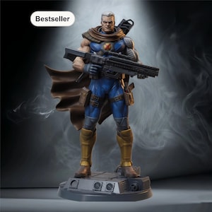 May include: A detailed figurine of a muscular character in a blue and gold suit, holding a large weapon. The figure has white hair and a brown cape. The base is gray with a "Bestseller" sticker.