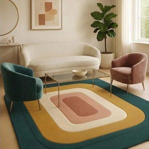May include: A rectangular area rug featuring concentric rounded rectangular bands in dark teal, mustard yellow, cream, and dusty rose. The rug is positioned in a room with a cream sofa, a teal velvet armchair, a pink velvet armchair, and a glass table.